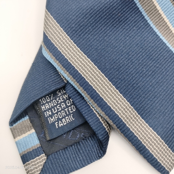 Lands End Men's Silk Blue Tan Striped Men's Tie Necktie Repp Textured Handsewn - Picture 9 of 9